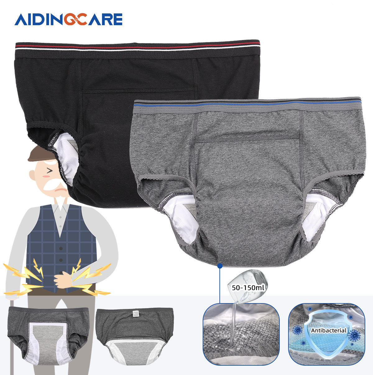 Washable Men Incontinence Underwear, Regular Absorbency Boxer Briefs, Elderly Care Adult Diapers, Anti-side leakage Protective Briefs