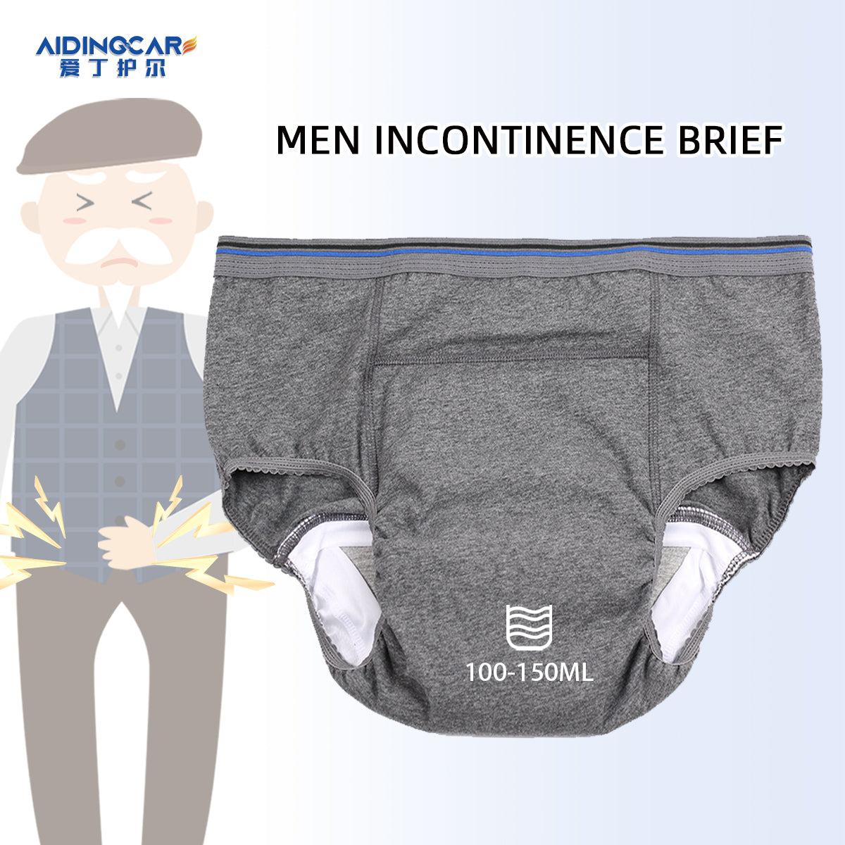 Washable Men Incontinence Underwear, Regular Absorbency Boxer Briefs, Elderly Care Adult Diapers, Anti-side leakage Protective Briefs
