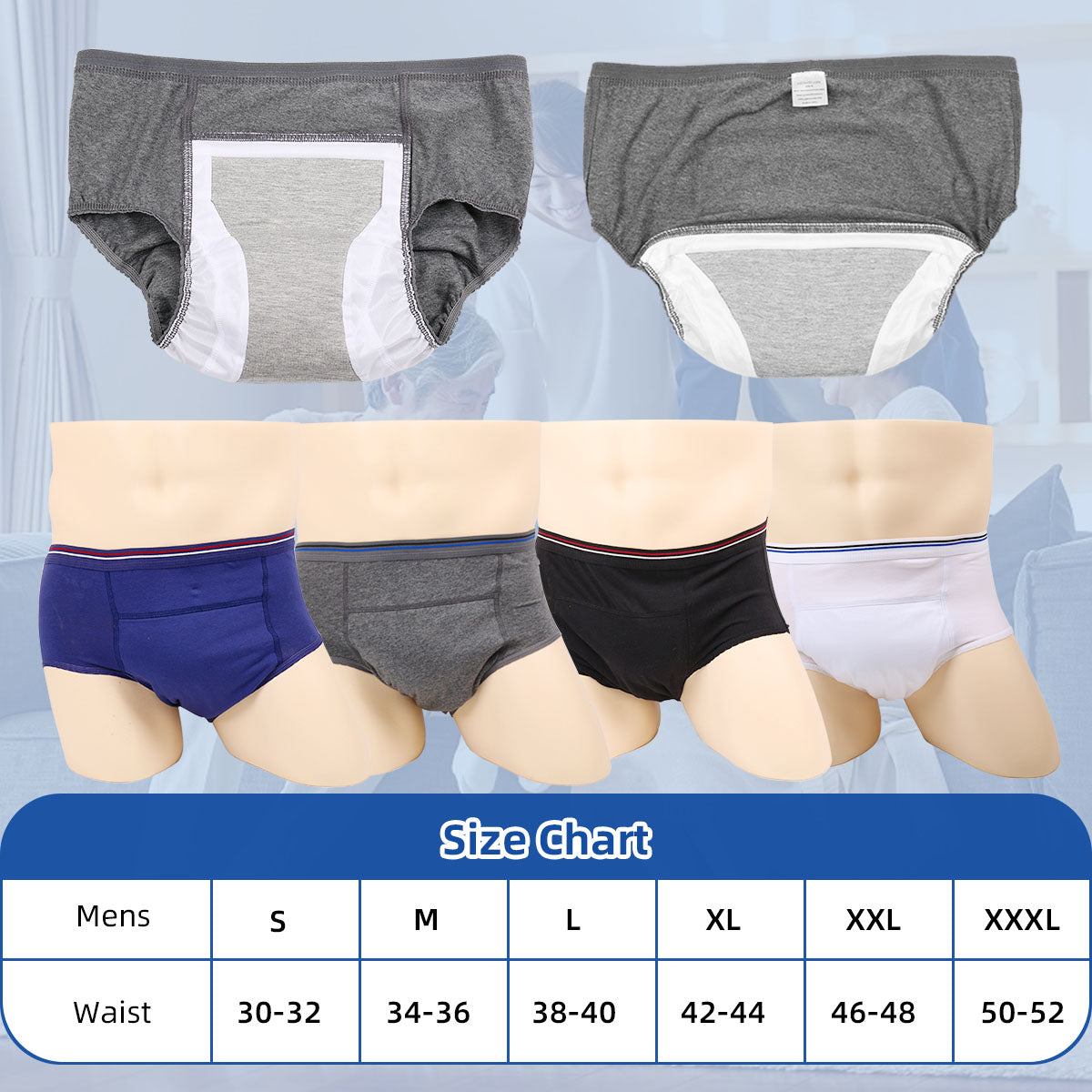 Washable Men Incontinence Underwear, Regular Absorbency Boxer Briefs, Elderly Care Adult Diapers, Anti-side leakage Protective Briefs