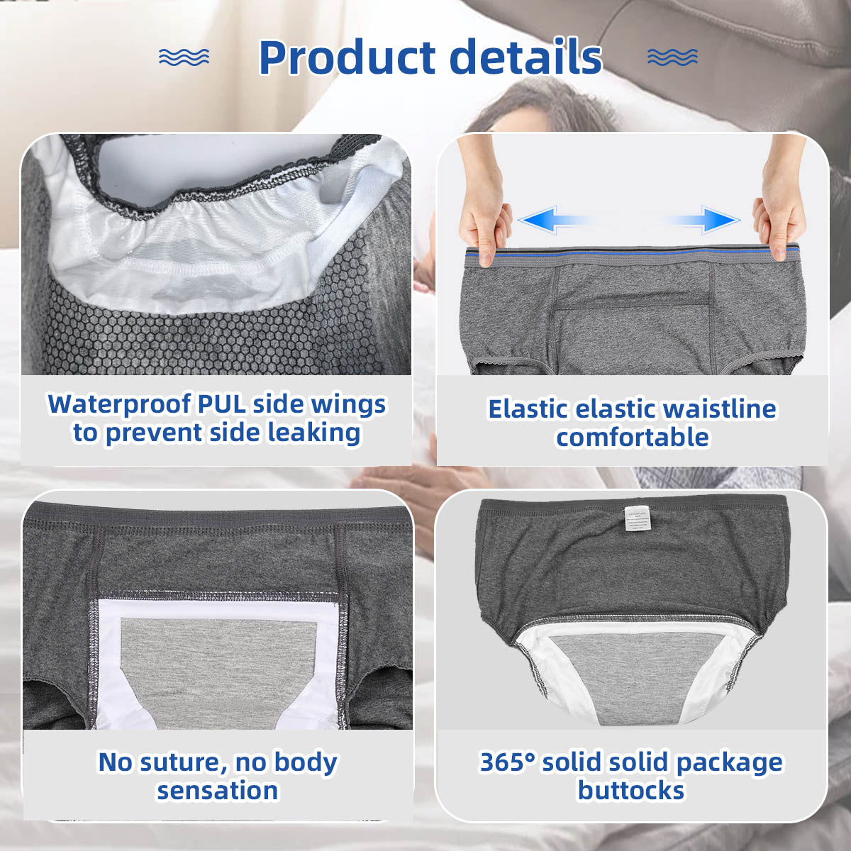 Washable Men Incontinence Underwear, Regular Absorbency Boxer Briefs, Elderly Care Adult Diapers, Anti-side leakage Protective Briefs